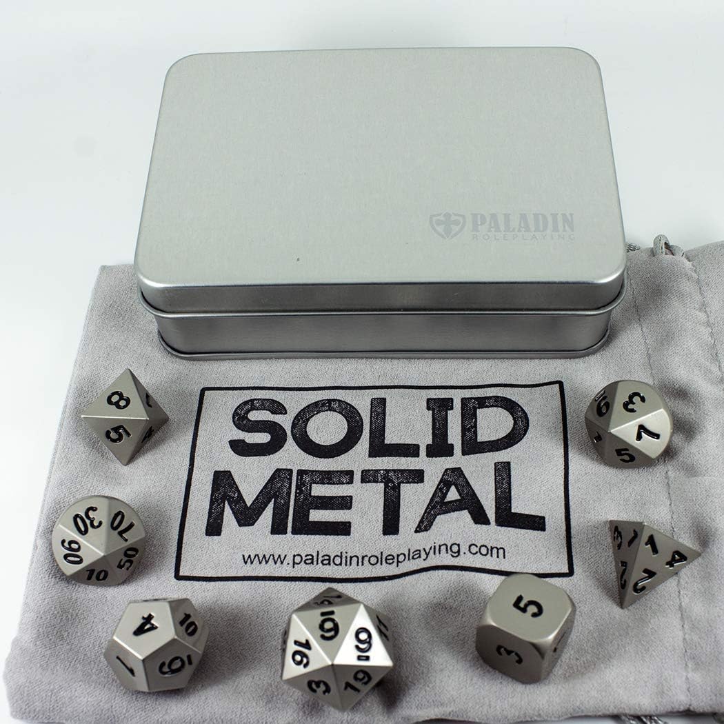 Paladin Roleplaying Silver Metal DnD Dice - Full Polyhedral Set - In Presentation Case, 12mm to 20mm