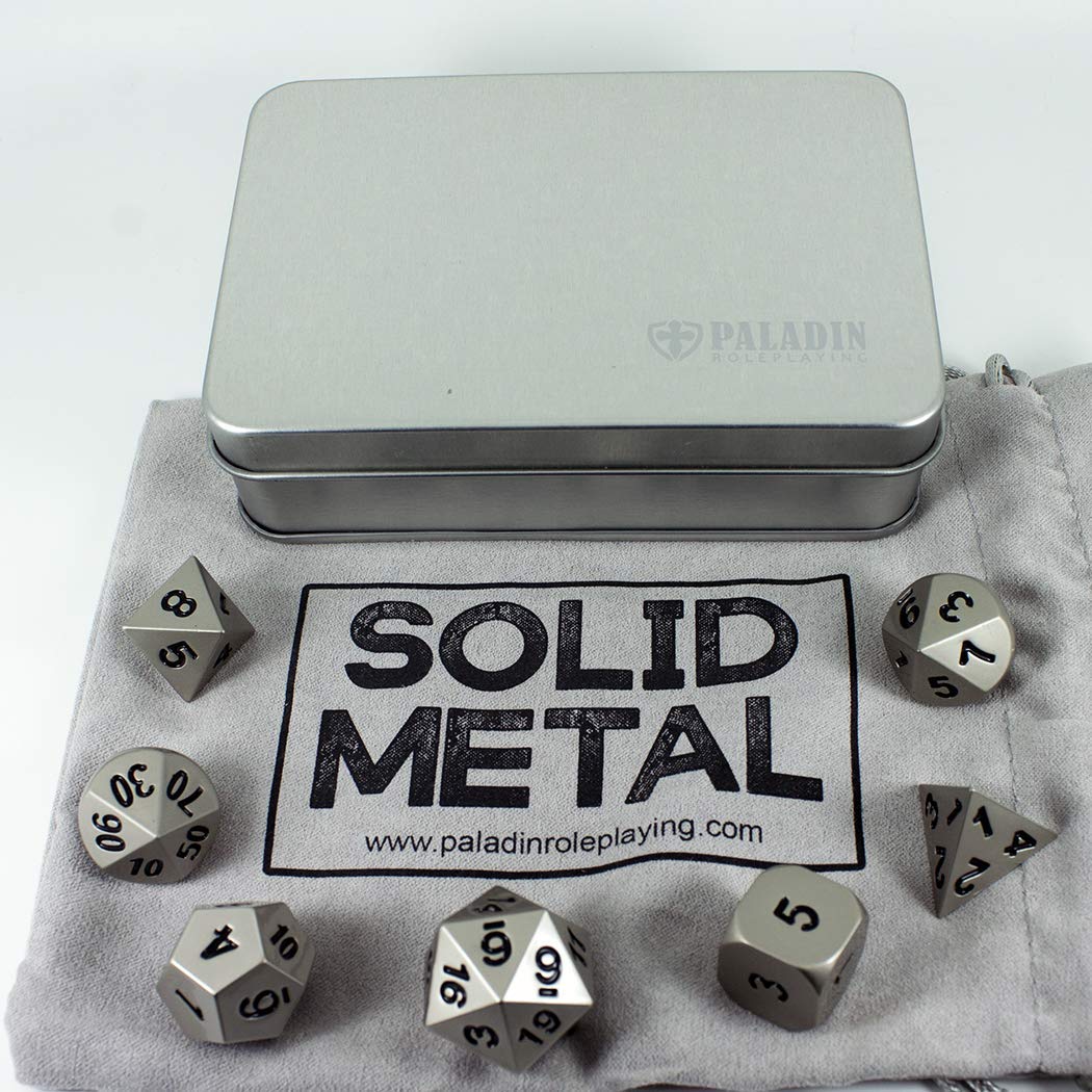 Paladin Roleplaying Silver Metal DnD Dice - Full Polyhedral Set - In Presentation Case