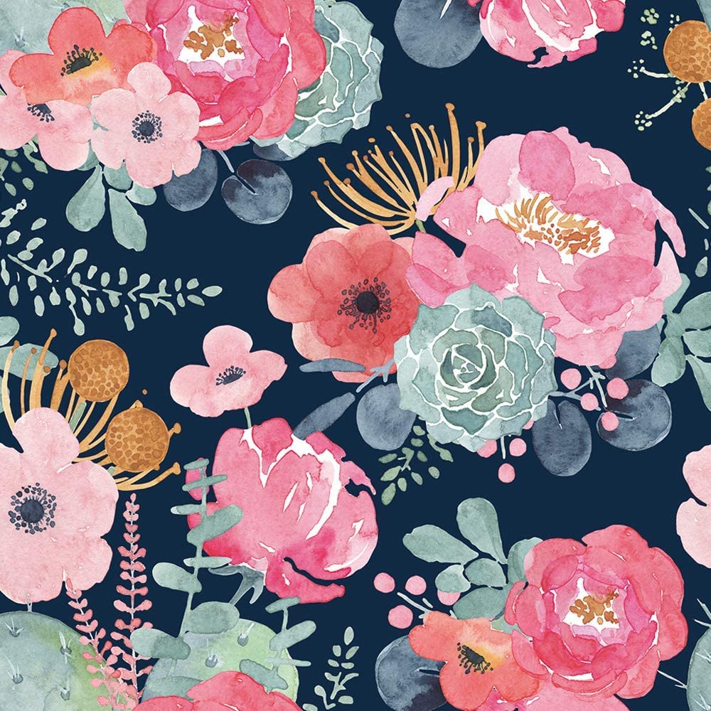 Photo 1 of Noihlja Peel and Stick Wallpaper Removable Floral Cactus Pink Navy Flower Vinyl Self Adhesive Prepasted Decorative for Girls Women Bedroom Cabinets Desk Countertops 17.7in x 32.8ft