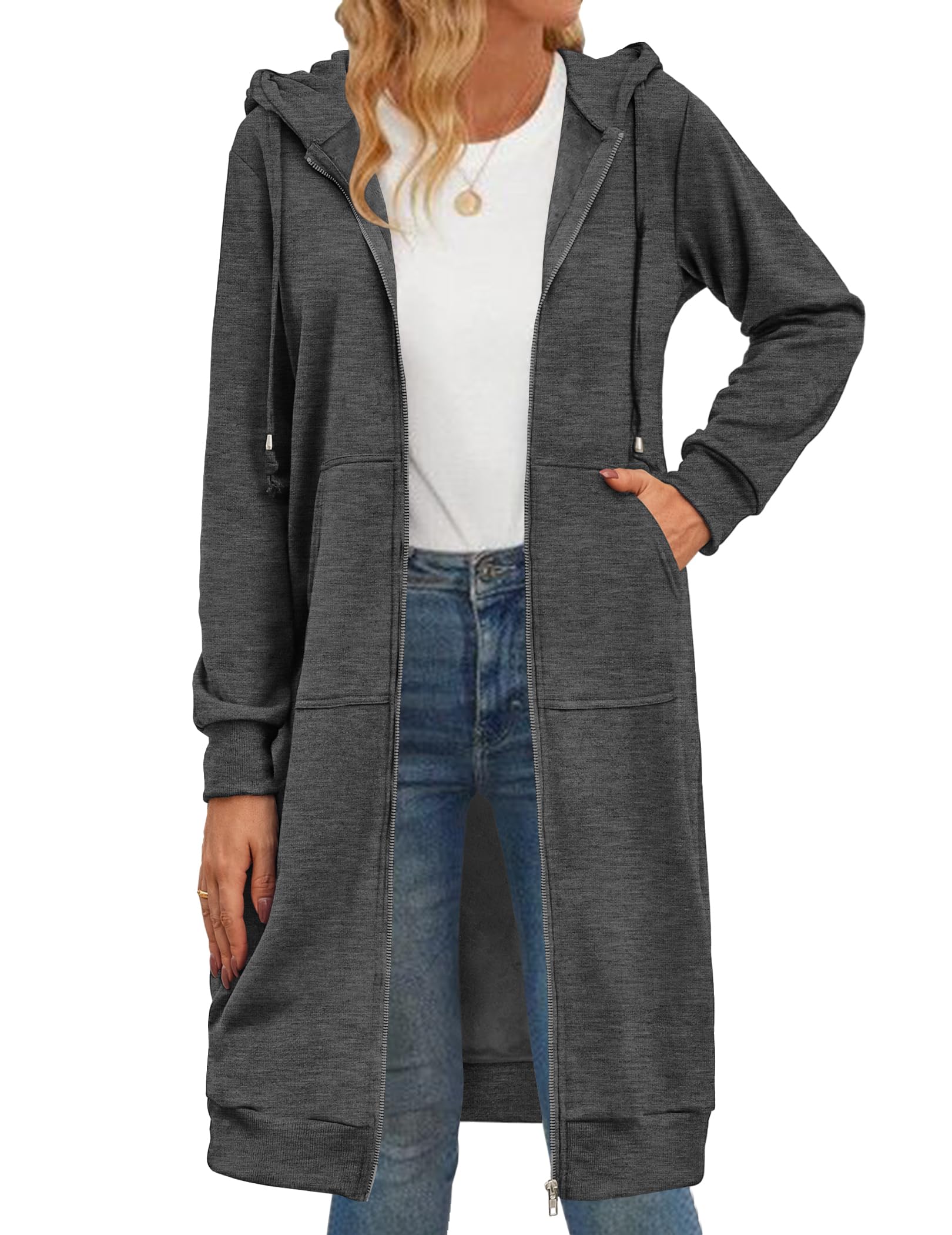 Zeagoo Zip Up Sweatshirts Long Sleeve Fall Hooded Lightweight Tunic Sweatshirt Oversize Fleece Jacket With Pockets Dark Grey XL Image