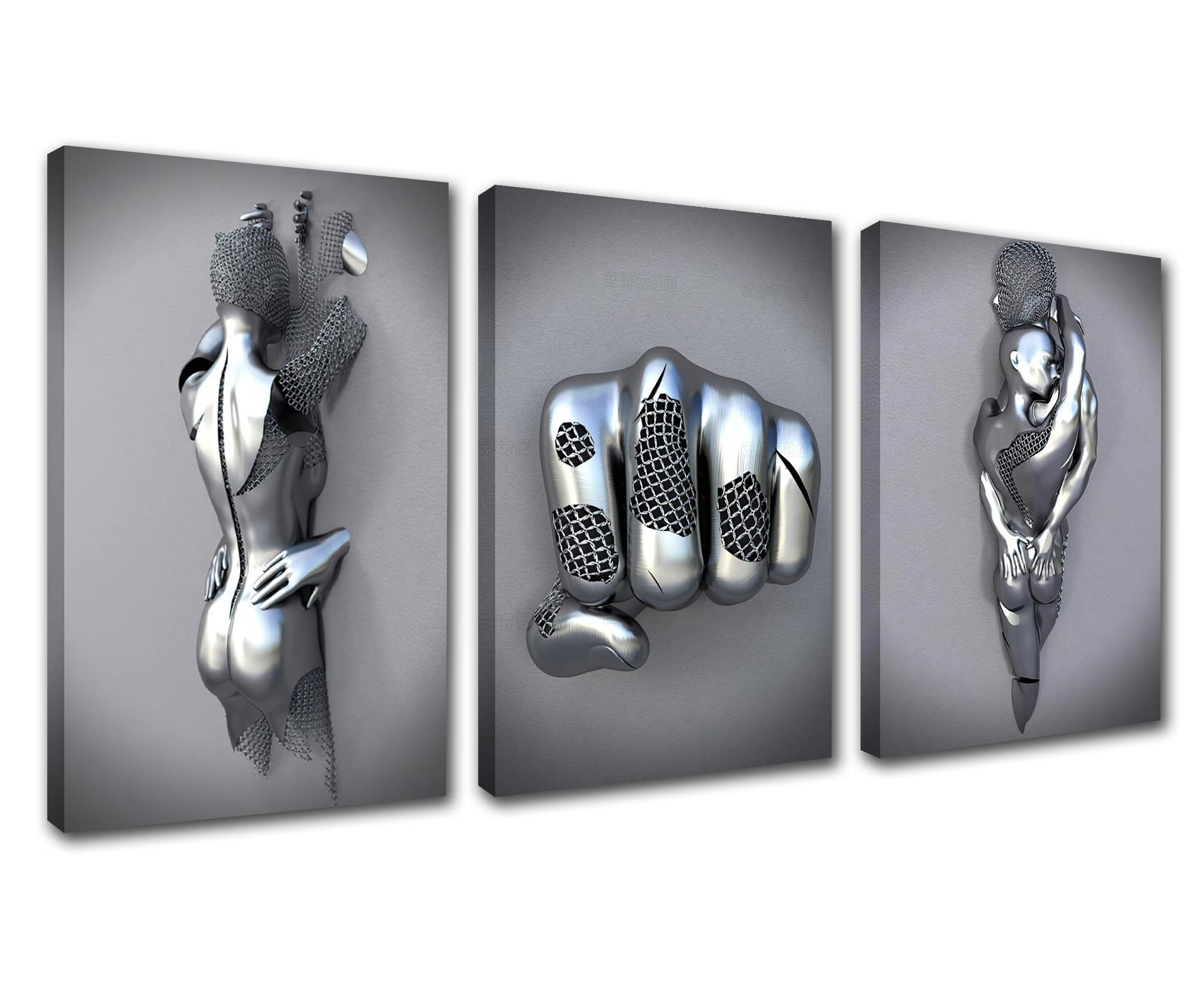 Bedroom Wall Decor Framed Romantic Couple Living Room Canvas Wall Art Love Heart 3D Metal Sculpture Grey Fist Modern Abstract Hug Lovers Picture Poster Prints for Bathroom Ready to Hang 48''Wx24''H