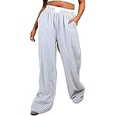 Owl's-Yard Women Y2K Stripe Print Pants Elastic Waist Dreawstring Wide Leg Trousers Striped Casual Lounge Pants with Pockets