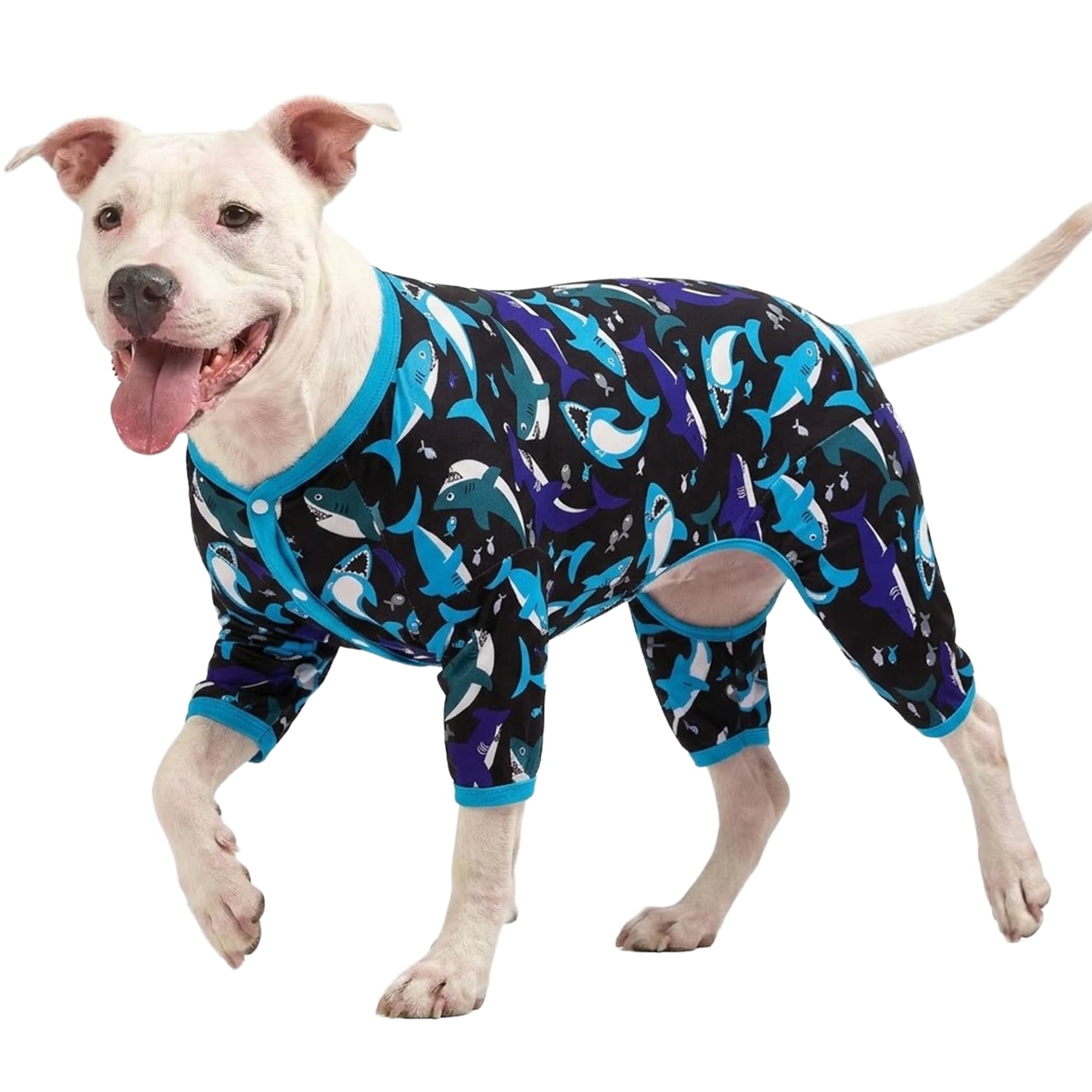 LovinPet Dog Pjs Large Breed - Pet Anxiety Relief, Anti-Shedding Dog Pajamas, Lightweight Stretchy Fabric, Whale Hello There White Print, Large Pitbull Pajamas, Pitbull Clothes All Season/Medium — image 1