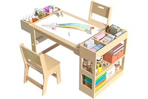 Kids Art Table and Chair Set, Kids Craft Table with Storage, Toddler Activity Play Table with 2 Chairs, Wood Art Craft Play D
