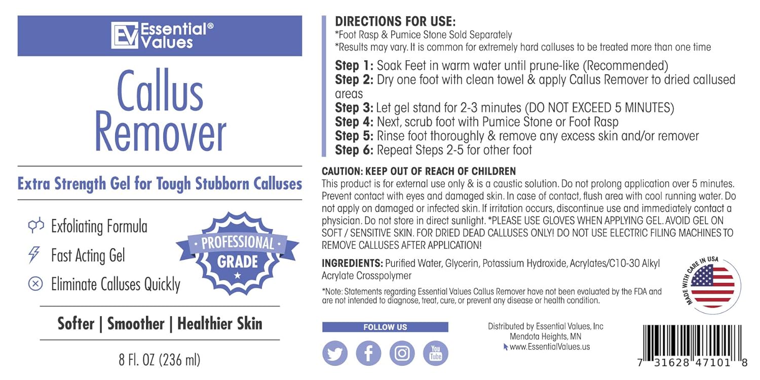 Essential Values Callus Gel Remover (8 OZ), Best For Use With Foot File, Pumice Stone, & Foot Scrubber– Fast Acting Formula with Eucamint Fragrance – Made in USA: Beauty
