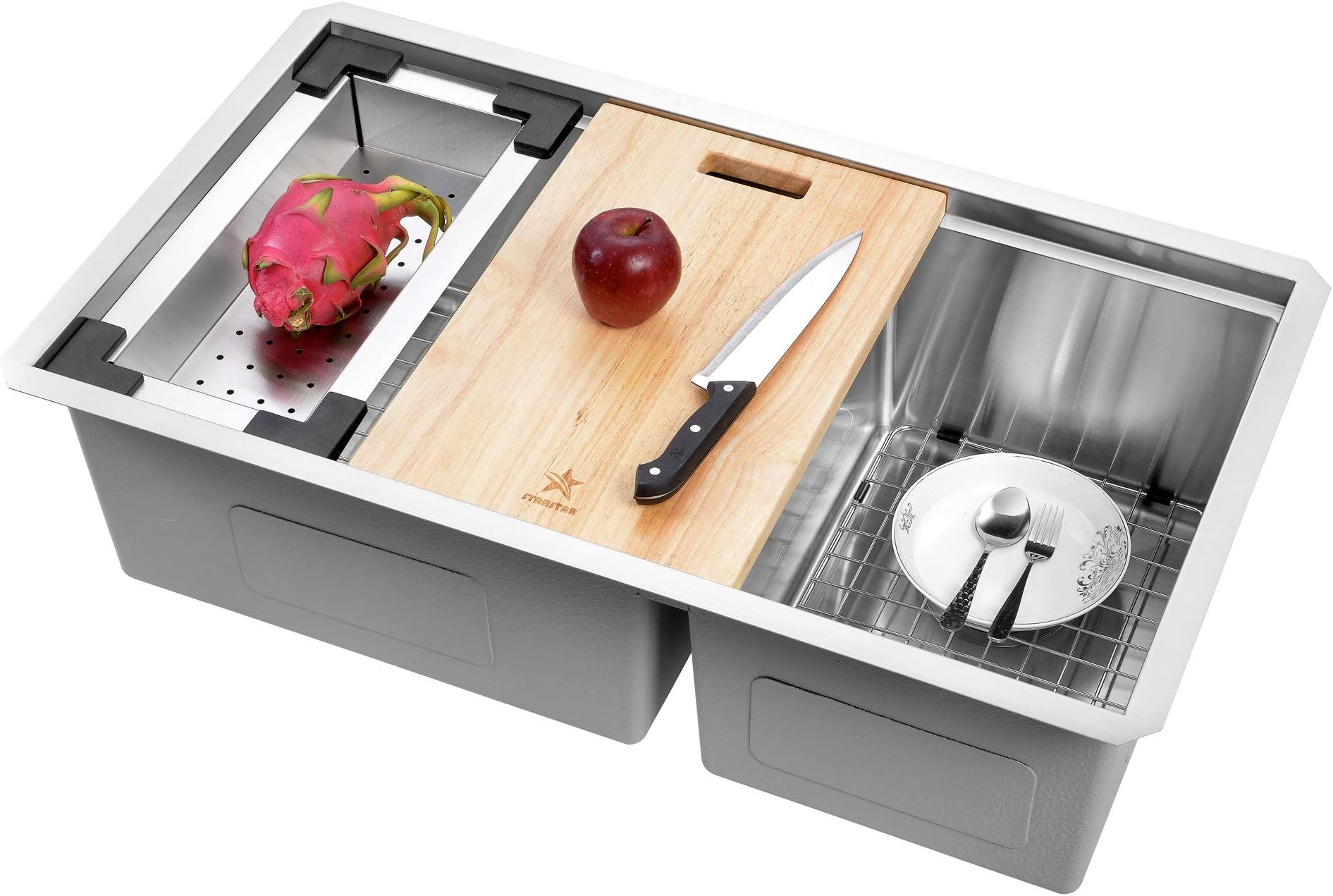 STARSTAR Workstation Ledge Undermount Double Bowl 304 Stainless Steel Kitchen Sink, With Two Grids, Colander, Cutting Board, Two Strainers (32.75 x 19 x 10 60/40)