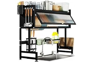 NBYTLT Over The Sink Dish Drying Rack, 3 Tier Large DrainerRack with Flip Top Door and Hooks, Multifunctional Kitchen Organiz