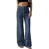 heipeiwa Women's Rhinestone Jeans Wide Leg Flare Denim Pants High Waist Sparkle Shiny Sequin Glitter Trouser