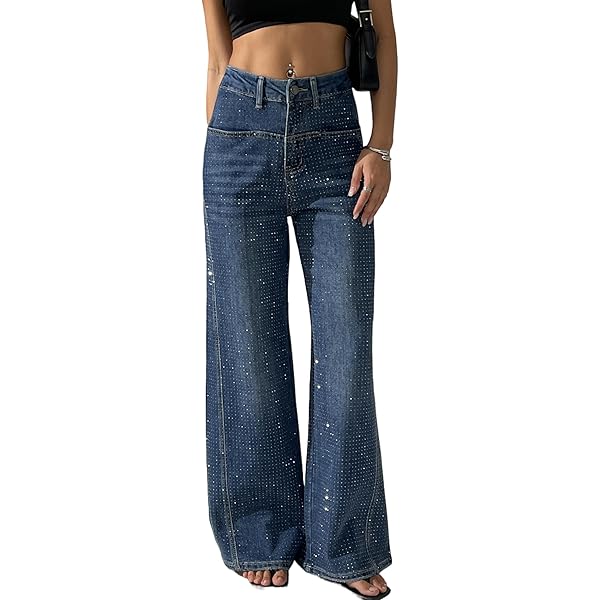 Sparkle Jeans For Women Heipeiwa Women's Rhinestone Jeans Wide Leg