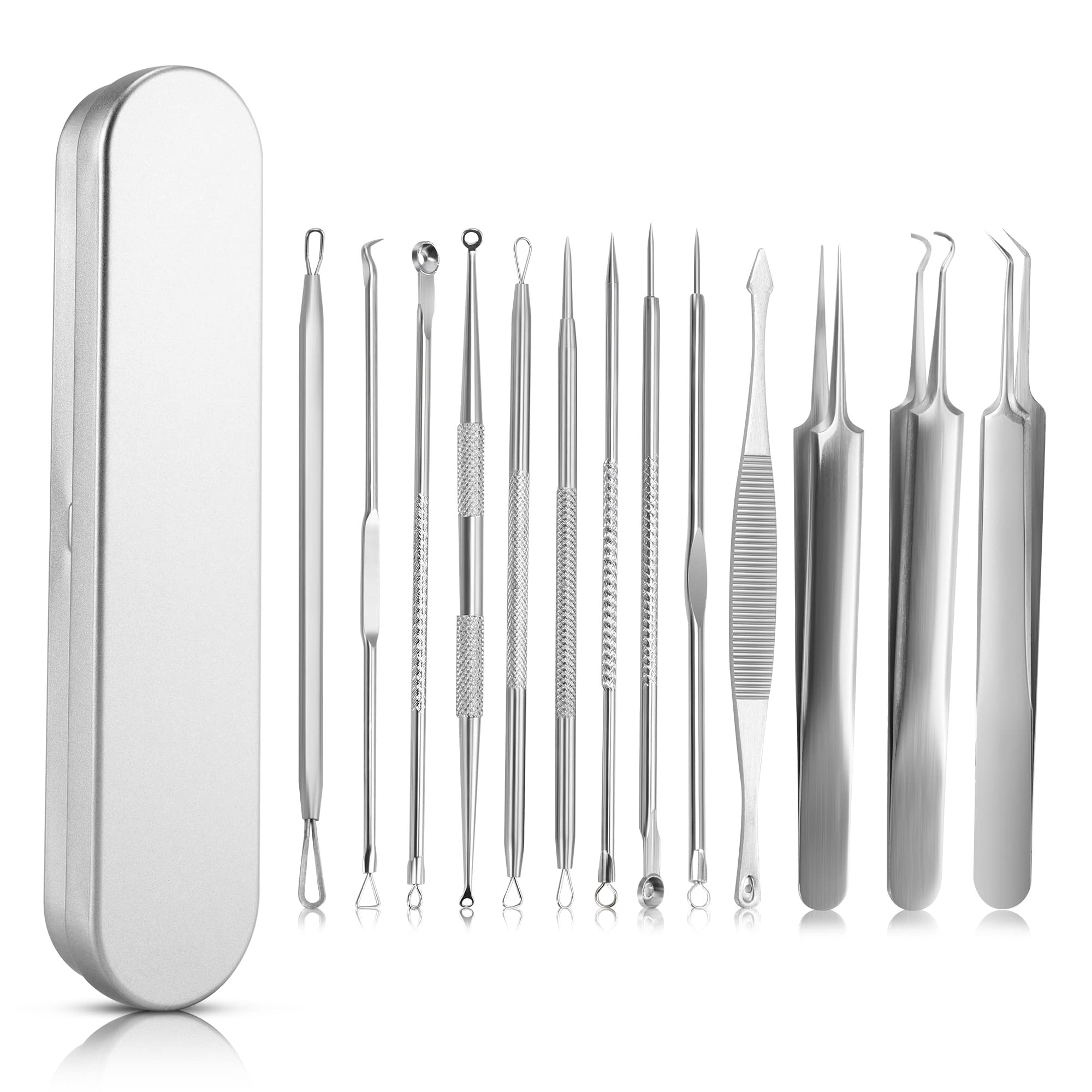 13 Pcs Blackhead Remover Pimple Popper Tool Kits, Comedone Acne Extractor Kit Blackhead Remover Tweezers Set Stainless Steel for Forehead/Facial/Nose Suitable for Women and Men