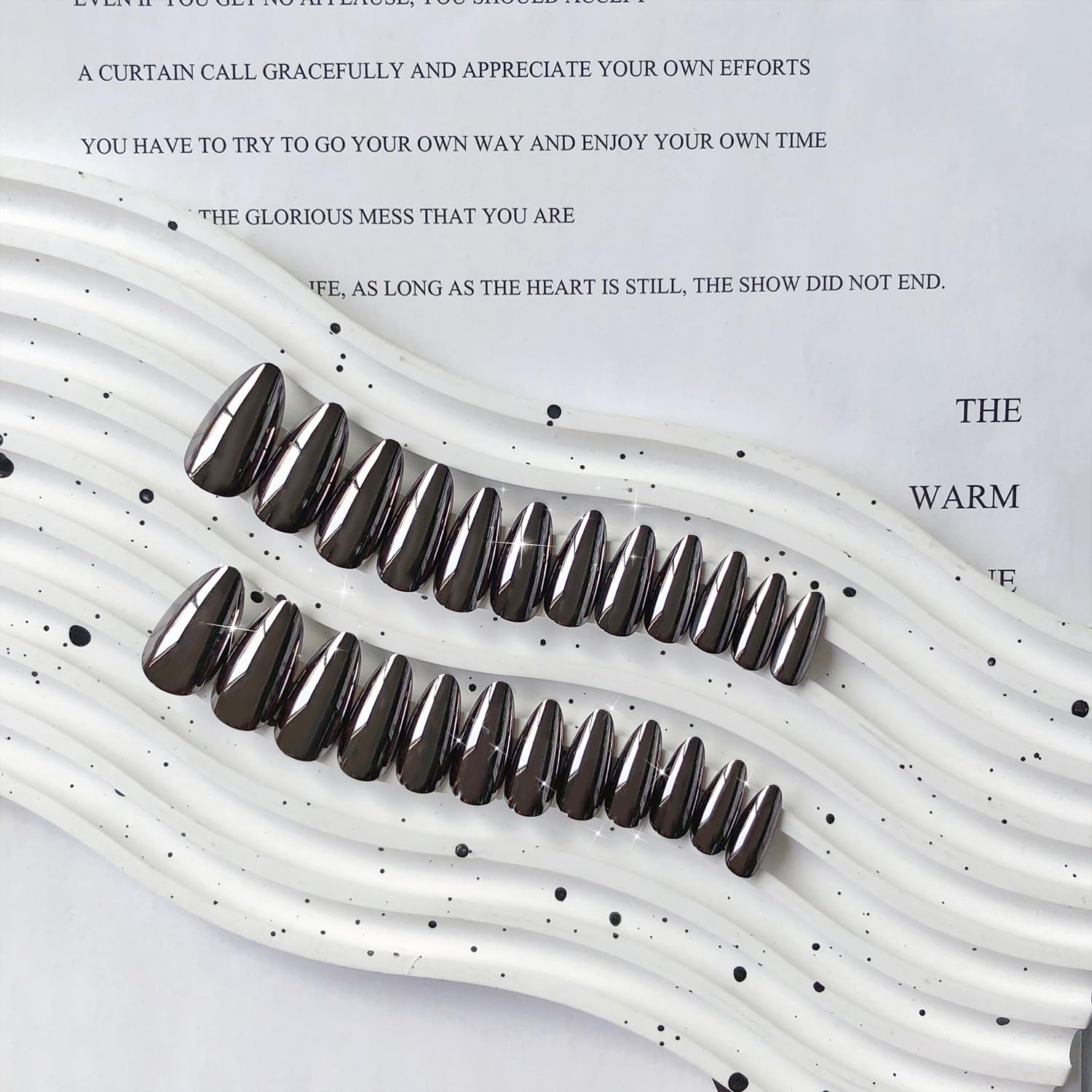 Smoky Grey Chrome Press on Nails Medium Almond, KQueenest Mirror Metal Stiletto Fake Acrylic Nails with Bling Design, Black Glue on Nails for Daily Party Wear, False Nails Press ons in 24 PCS - Image 3