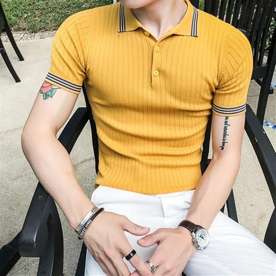 Amazon Co Jp ニットポロシャツのメンズファッションメンズ半袖シャツラペル新しい夏のファッションスリムポロシャツ 衣類 服 ファッション小物