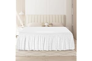 ANARACHON Queen Bed Skirt, Wrap-Around Elastic Ruffled Eyelet Bed Skirt Queen Size Dust Ruffle with Gathered Styling and Embroidered Details, 18" Drop Length (White)