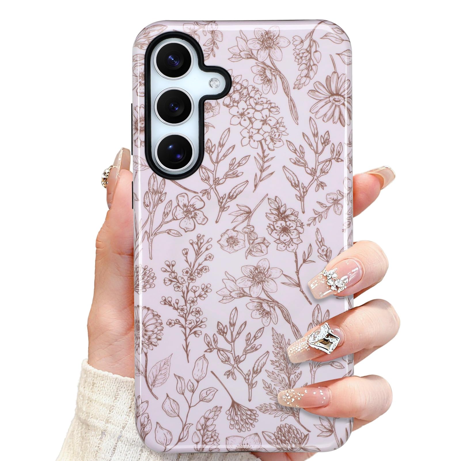 SOKAD Magnetic Sage Floral Phone Case for Samsung Galaxy S25, Compatible with Magsafe, Vintage Flower Pattern for Girls Women with Screen Protector, Glossy Protective Case Cover, Beige