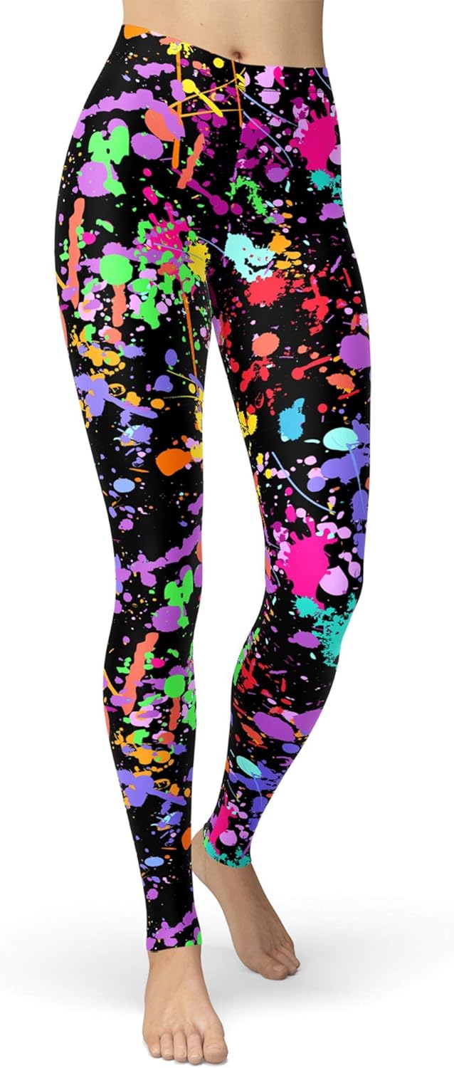 sissycos Women's Artistic Splash Printed 80s Leggings Brushed Buttery Soft Pants Regular and Plus Size: Clothing