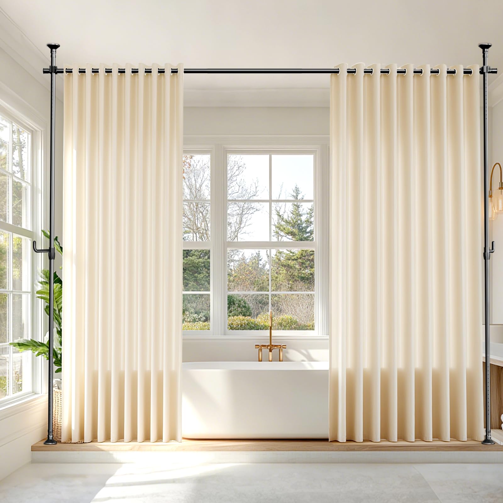 Photo 1 of Seamless Room Divider Curtain Rod - No Drilling Space Partition Adjustable Privacy Separator 4-10ft(H) 32-80inch(W) Heavy Duty Temporary Wall Divider Floor to Ceiling Tension Rod, Black