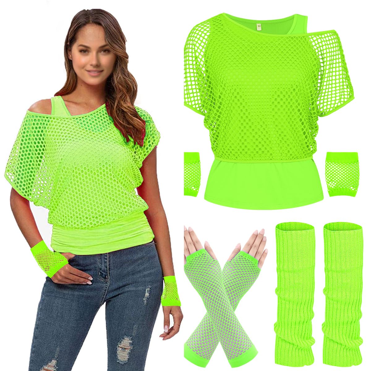 80s Fancy Fishnet Top for Women, Tank Top, Leg Warmers, Gloves, 1980s Costumes Neon Off Shoulder Mesh T-Shirt Accessories Retro Theme Party Cosplay