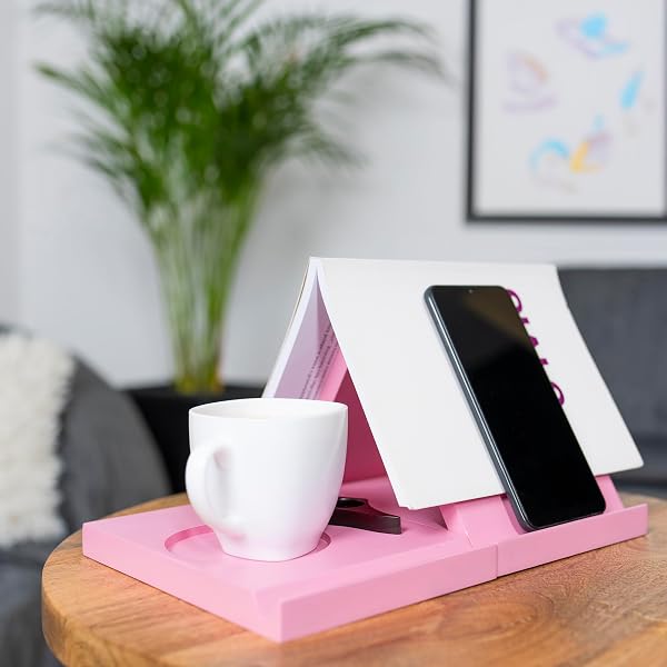 WOODEN TRIANGLE BOOK REST WITH CUP HOLDER, BOOK NOOK READING VALET, GIFTS FOR BOOK LOVERS WOMEN, FOLDABLE NO ASSEMBLY REQUIRED, KINDLE HOLDER, INCLUDES FREE PAGE HOLDER (PINK)