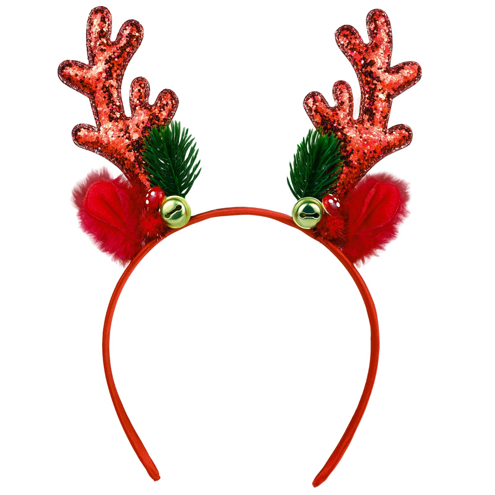 SIOTMERA Christmas Headband, Reindeer Antlers Headband with Bell, Sequined Christmas Hairband for Women, Glitter Antler Headwear Deer Costume Accessory for Halloween Party Cosplay Reindeer, Red