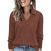 Long Sleeve Plus Size Tops Loose Fit Collared Tunics Trendy V Neck Tshirts 2024 Cute Polo Lapel Fall Pullover 3X Caramel