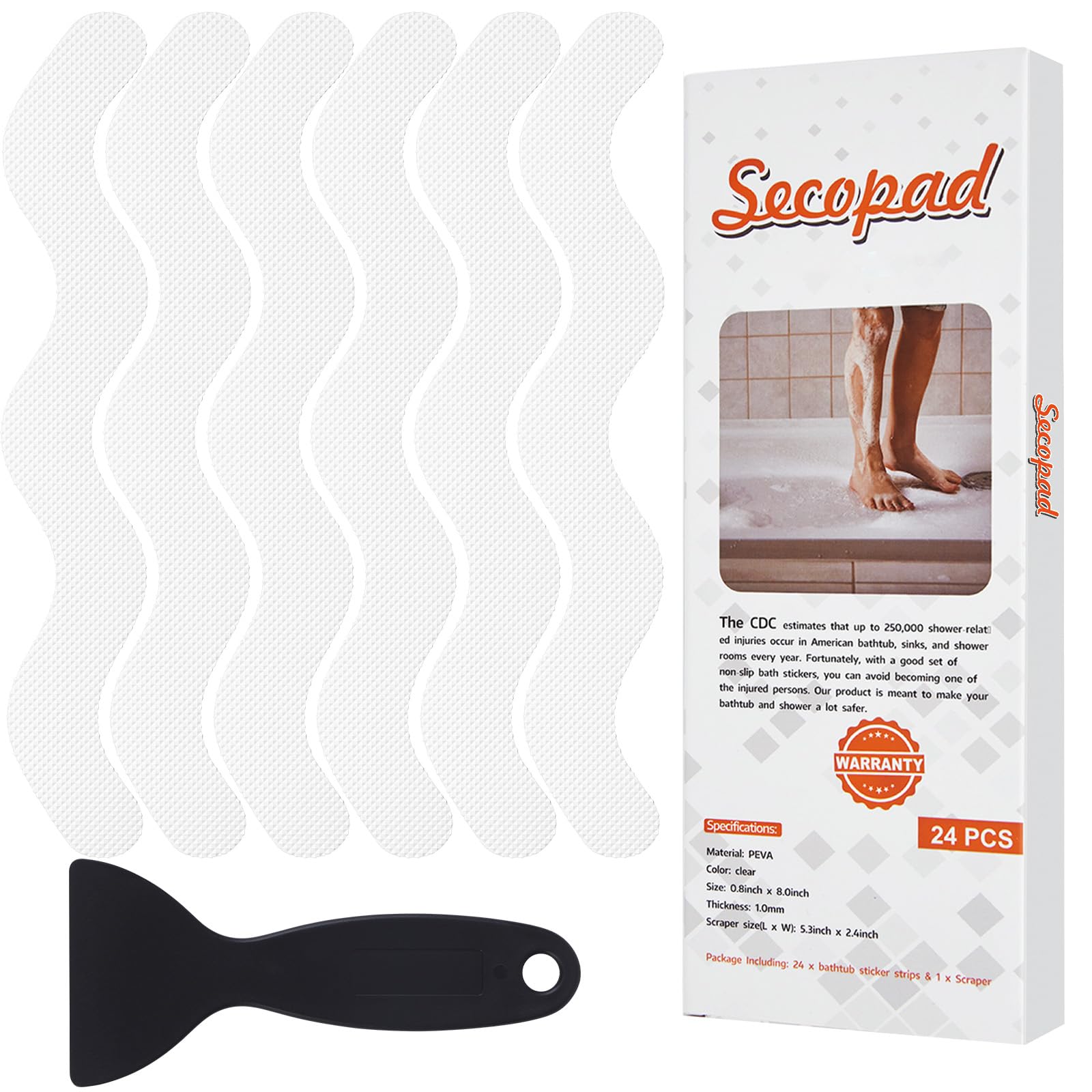 Secopad 24PCS Anti-Slip Shower Stickers with Scraper, 0.8"*8", White