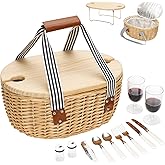 STBoo Picnic Basket for 2 - Wicker Picnic Set with Wine Table | Willow Basket Kit with Insulated Cooler Bag for Camping, Outdoor, Christmas, Party (Stripe)