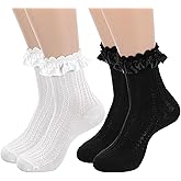 Fyntave 2 Pairs Womens Lace Ruffle Frilly Crew Socks Satin Ruffle Ankle Sock for Women Girls Casual Soft Comfortable Frilly Sock Lolita Princess Accessory (Black + White)