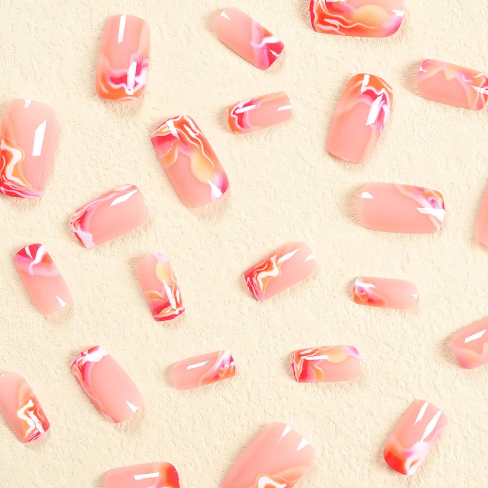 IMSOHOT Square Press on Orange Red Ombre Fake Nails with Designs Glossy Full Cover Acrylic False Summer Stick on Nails for Women Girls - Image 4