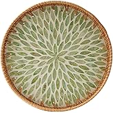 Round Rattan Tray with Mother of Pearl Inlay, Rattan Serving Tray with Wooden Base, Decorative Wicker Basket for Table Decor, Storage and Display of Coffee Bread Food Fruit (Leaf)