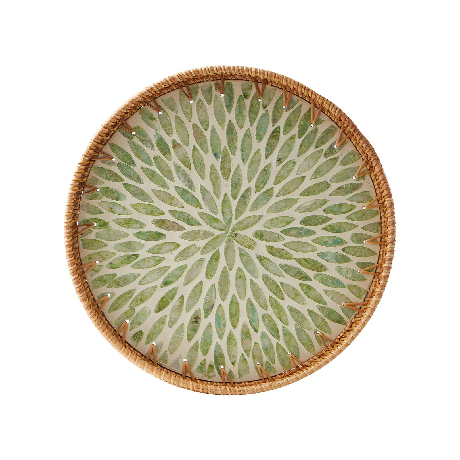 Photo 1 of Round Rattan Tray with Mother of Pearl Inlay, Rattan Serving Tray with Wooden Base, Decorative Wicker Basket for Table Decor, Storage and Display of Coffee Bread Food Fruit (Leaf)