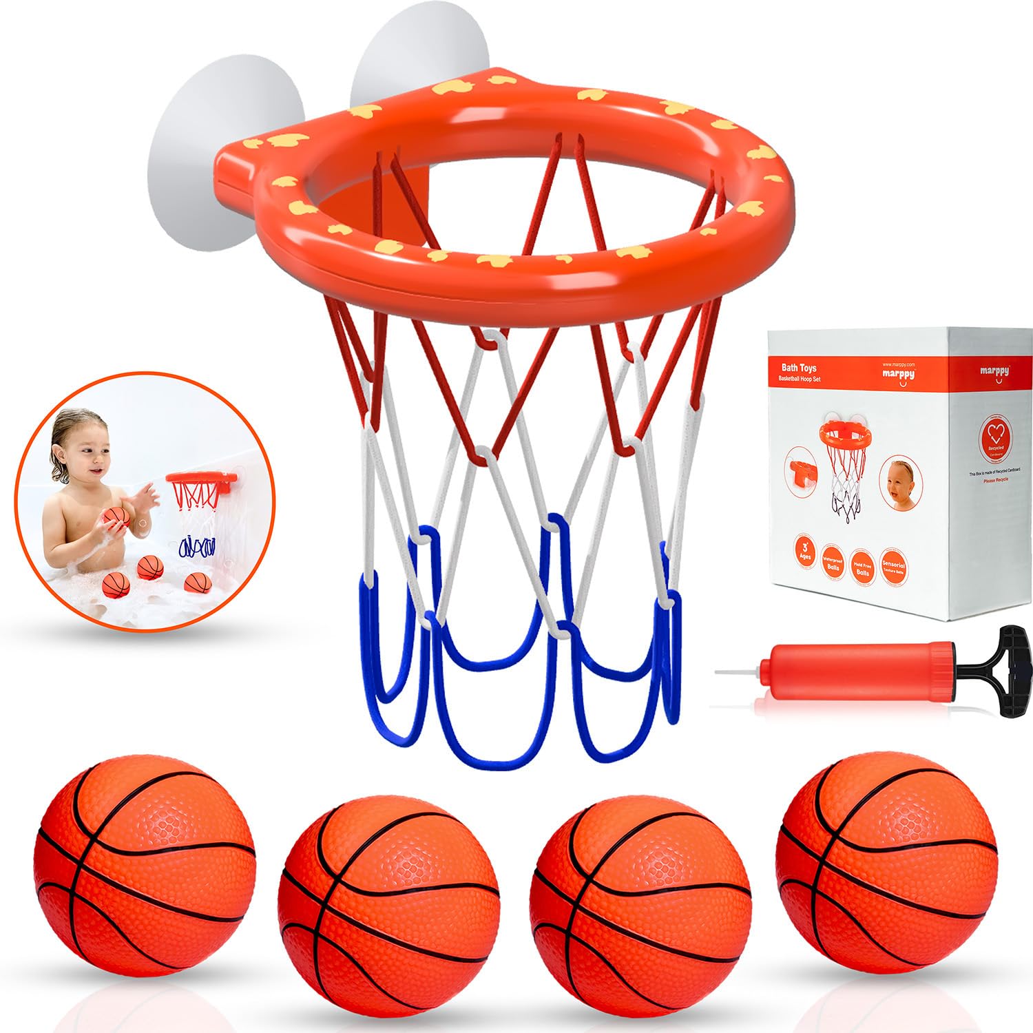 Photo 1 of MARPPY Bath Toys, Bathtub Basketball Hoop for Toddlers Kids, Boys and Girls with 4 Soft Balls, Mold Free & Strong Suction Cup, Bathtub Shooting Game & Fun Toddlers Bath Toys for Boys or Girls