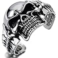 COOLSTEELANDBEYOND Heavy and Study Mens Stainless Steel Biker Skull Cuff Bangle Bracelet Silver Black Two-Tone Polished