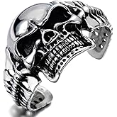 COOLSTEELANDBEYOND Heavy and Study Mens Stainless Steel Biker Skull Cuff Bangle Bracelet Silver Black Two-Tone Polished