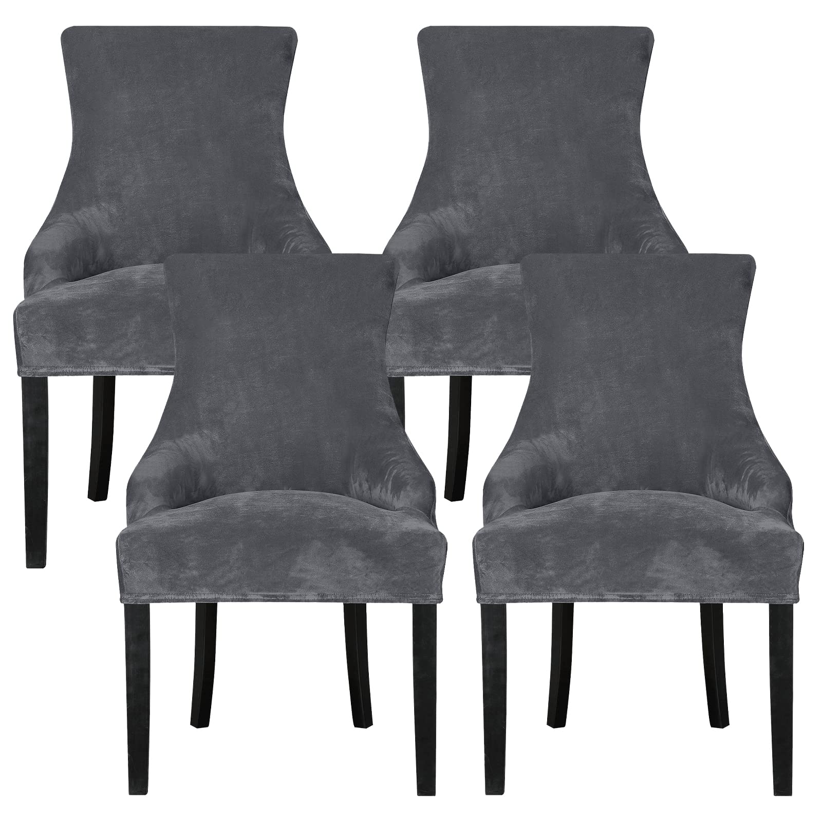 Leorate Velvet Wingback Chair Covers Set of 4 – Stretch Armchair Slipcovers for High Back Dining Chairs with Arms, Soft Dark Gray Fabric, Washable Removable Furniture Protector for Kitchen, Banquet