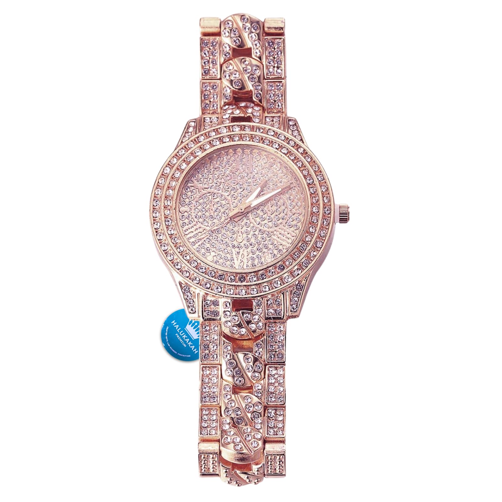 HALUKAKAH Gold Watch Iced Out,Men's 18k Rose Gold Plated Cuban Chain Inserted Band Quartz Wristband 9.5"(24cm),Full Cz Diamonds,Free Giftbox