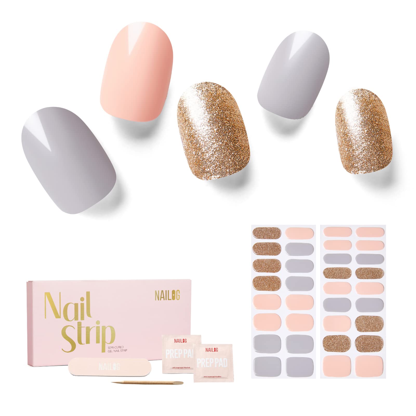 NAILOG Semi Cured Gel Nail Strips, 34 pcs Salon-Quality Gel Nail Stickers, Long Lasting Nail Wraps for Women with Soft Gel Finish, Neon Peach, Purple Grey & Gold Glitter, Summer Soiree — image 1