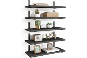 Fixwal Floating Shelves Set of 5, Width 4.7 Inches Black Wall Shelves, Rustic Wood Wall Storage Shelves for Bedroom, Living Room, Kitchen, Bathroom, Home Decor, Laundry Room, Office and Plants (Black)