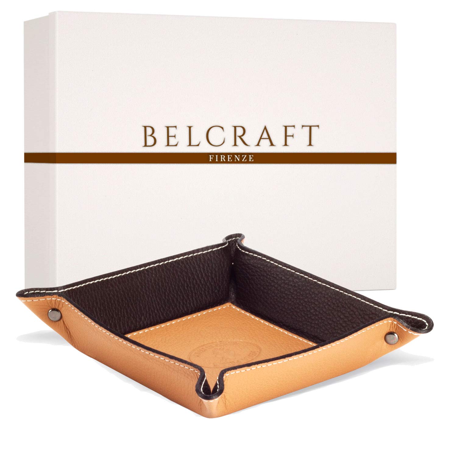 BELCRAFT Luni Medium Leather Tidy Tray, Handmade Classic Italian Style, Key Wallet, Coin Box, Tan (19x19 cm)