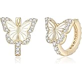 Butterfly Earrings for Women Girls, Hypoallergenic CZ 14K Gold Plated Butterflies Small Tiny Huggie Hoop Earring Jewelry Gifts