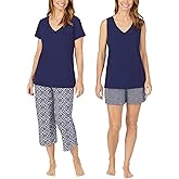 Carole Hochman Women's 4-Piece 100% Cotton Pajama Set – V-Neck T-Shirt, Tank, Capri Pants & Shorts with Drawstring & Pockets