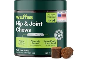Wuffes Advanced Dog Hip and Joint Supplement with Glucosamine, Chondroitin, Omega 3, MSM, and Green Lipped Mussel, 60 Pork Flavored Chews for Small and Medium Dog Breeds