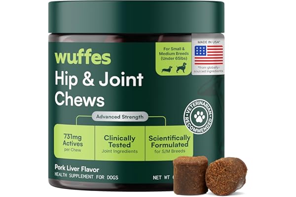 Wuffes Hip & Joint Chews for Small & Medium Breed Dogs, 60 ct | Hip & Joint Supplement for Dogs Up To 65 lbs. Made with Glucosamine, Chondroitin and MSM. 3 Months+. Pork Flavored