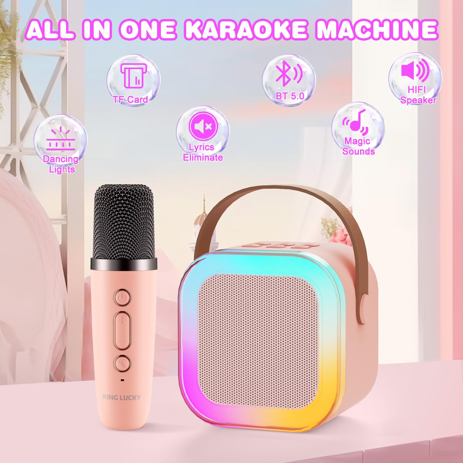 Kinglucky Mini Karaoke Machine for Kids, 2025 TOP Birthday Gifts Ideas for 3-12 Year Old Girls, Christmas Party Gifts Kids' Personal Video Players Accessories with 2 Wireless Microphones - Pink