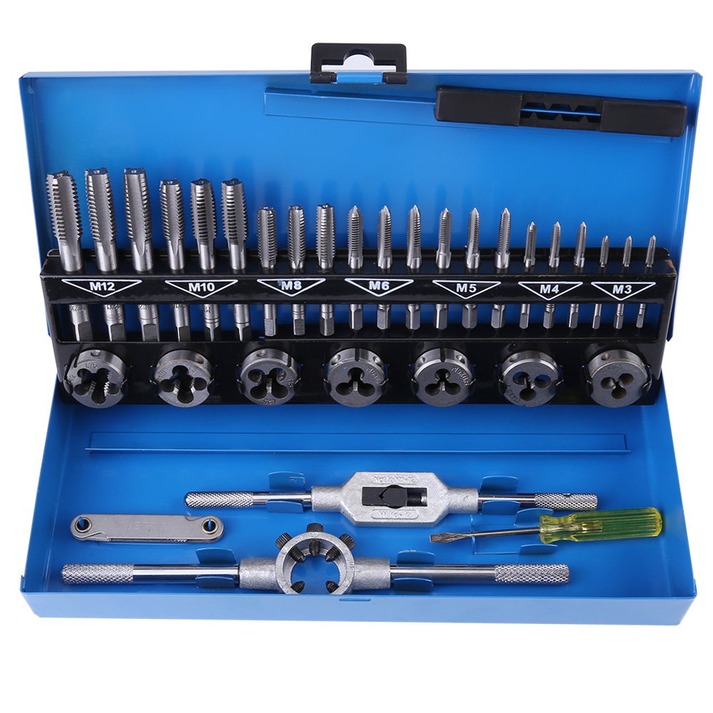 July Summer Gifts Alloy Steel Tap and Die Set, 32pcs M3-M12 Coarse Pitch Tap and Die Set with Wrench Thread Gauge Hand Tools