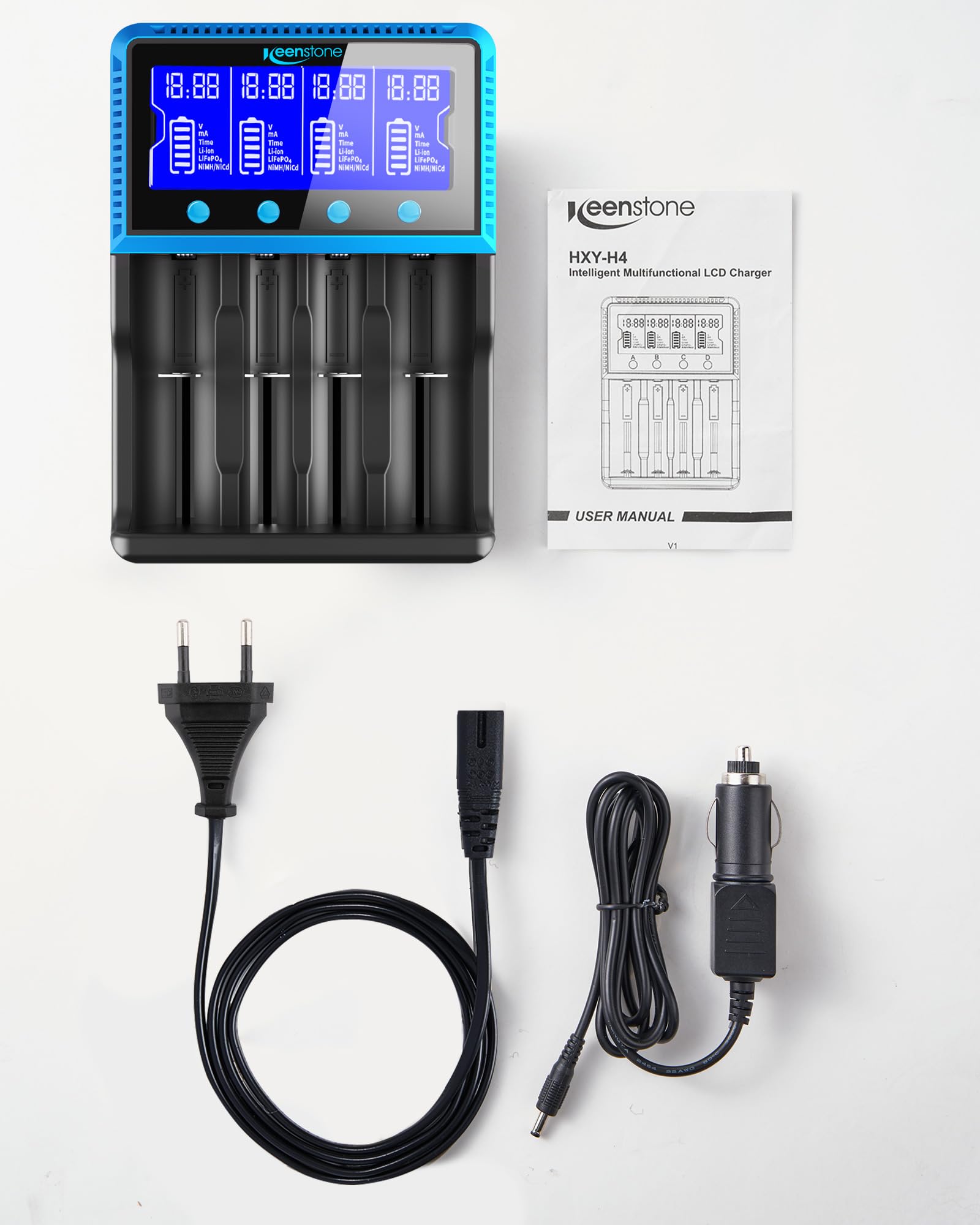Universal Akku Ladegerät, 18650 Akku Ladegerätmit 4 Schacht, LCD Smart Schnell Aufladen Batterieladegerät für NI-MH NI-CD AA AAA Li-Ion LiFePO4 IMR 10440 14500 16340 18650 RCR123 26650 7