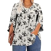 ForHailey Womens Plus Size Tops 3/4 Ruffle Sleeve Chiffon Shirt Casual V Neck Dressy Flowy Floral Print T Shirt Loose Fit Tunic Blouse Black Flower Beige 3X-Large