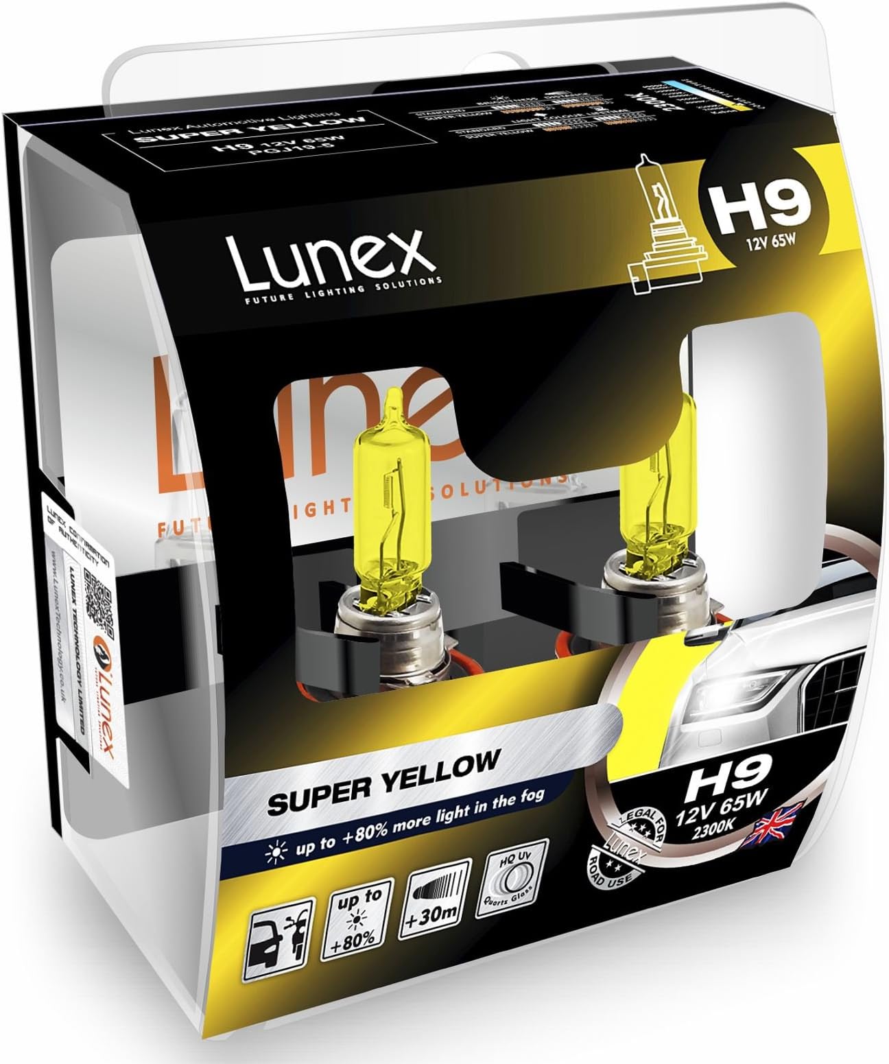 LunexH9 SUPER YELLOW Headlight Halogen Fog light Bulbs 709 12V 65W PGJ19-5 2300K duobox (2 units)