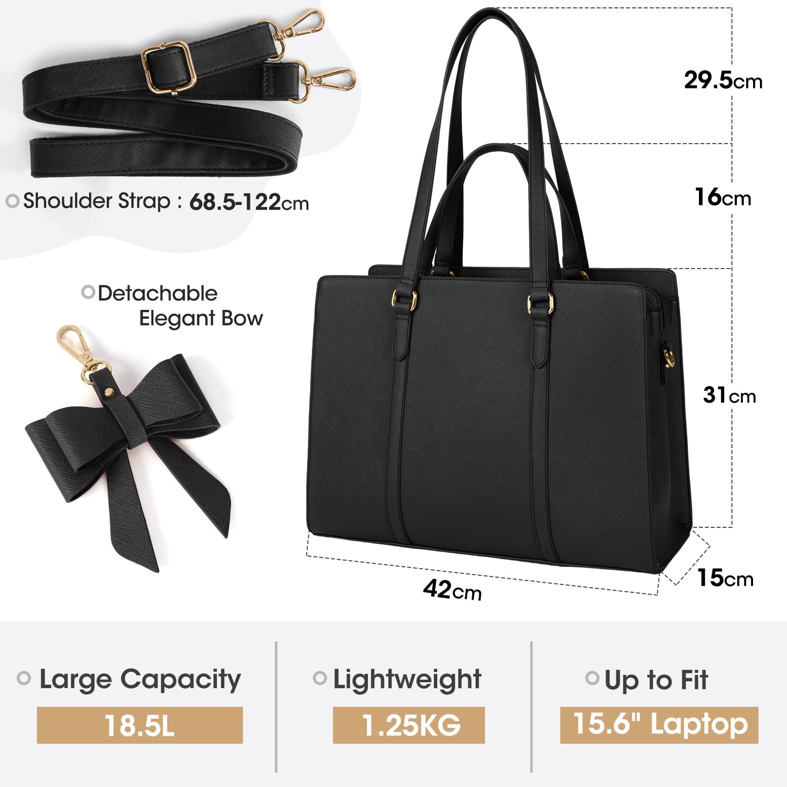NEWHEY Handtasche Damen Shopper Damen Große Schwarz Tasche Damen Laptoptasche 15.6 Zoll PU Leder Umhängetasche Arbeitstasche für Business Arbeit Schule 3