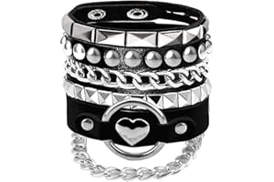 TOSMIFAIRY 3Pcs Soft Leather Bracelets with Heart/Pyramid/Chain, Emo Punk Wrap Wrist Cuffs Jewelry Accessories Gothic Gift for Vintage Women