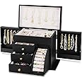 Poyilooo Jewelry Box Organizer, Solid Wood Jewelry Boxes for Women, Double Layer Jewelry Organizer Box Display Earring Necklace Bracelet Ring, Rustic Style Small Jewelry Box for Girls (Black)